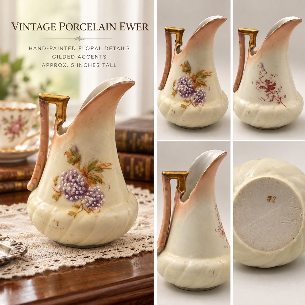 Vintage Porcelain Ewer Hand Painted Floral Gilded Gold Accent Pitcher 5 Inch